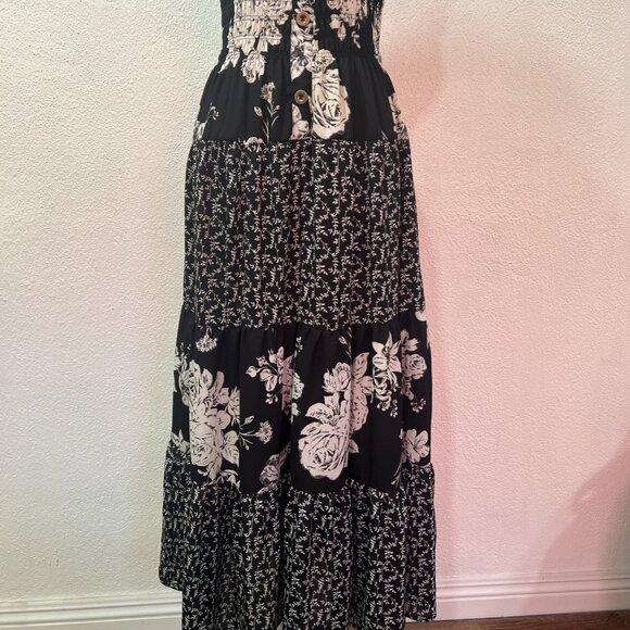 Lapis tiered Y2K maxi Dress S Black White Floral Cottagecore Boho Empire Waist - Picture 3 of 15